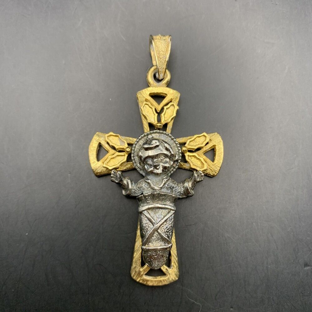 Baby Jesus Cross Pendant Signed BJ Beatrix Jewelry Silver Gold Two Tone Vintage